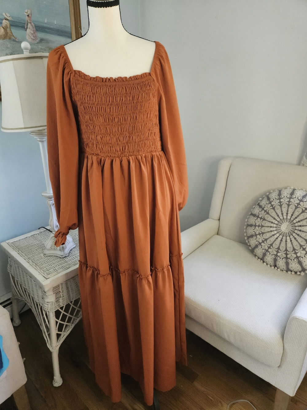 Rust Smocked Maxi Dress with Long Sleeves